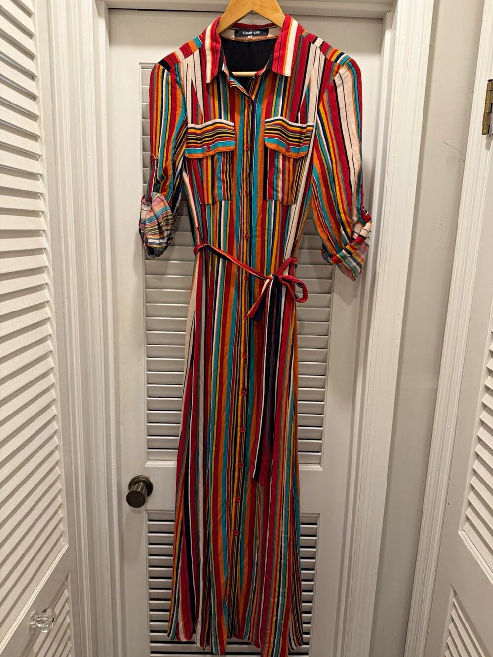 Sugar + Lips Multicolor Striped Collared Button Tie Maxi Shirt Dress Size S